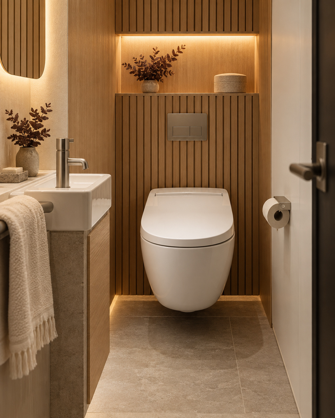Intérieur d'une cabine TotoCaCamion : WC japonais suspendu, lattes de bois clair, lavabo en céramique