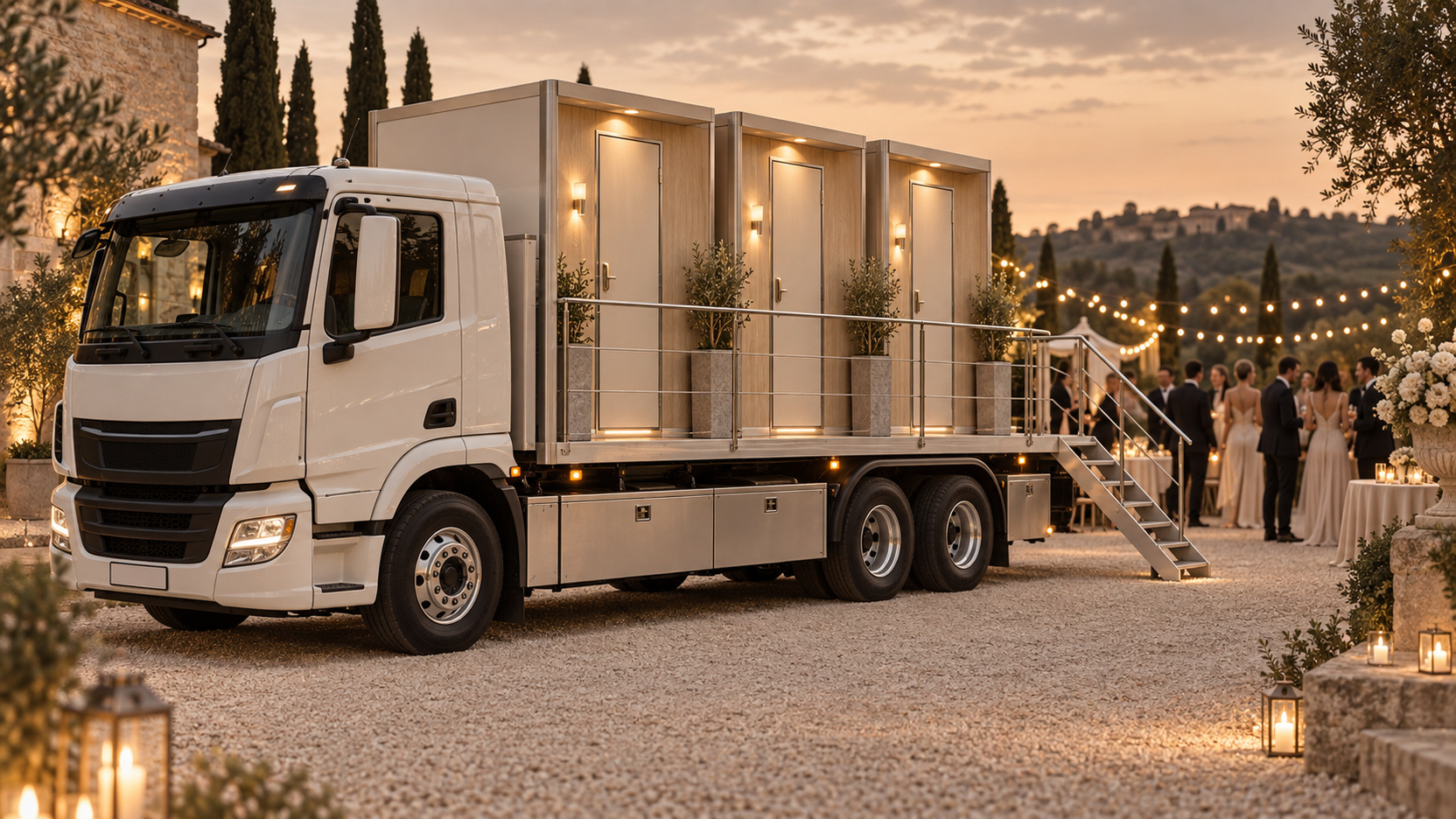 Le camion TotoCaCamion installé en bordure d'une réception en extérieur au crépuscule