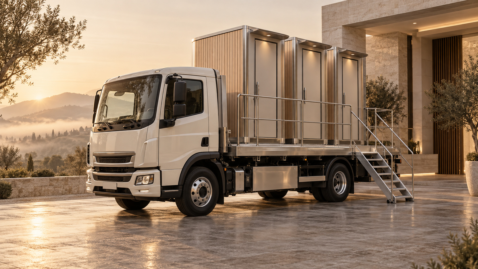 Le camion TotoCaCamion, trois cabines sanitaires sur plateau, devant une villa au petit matin