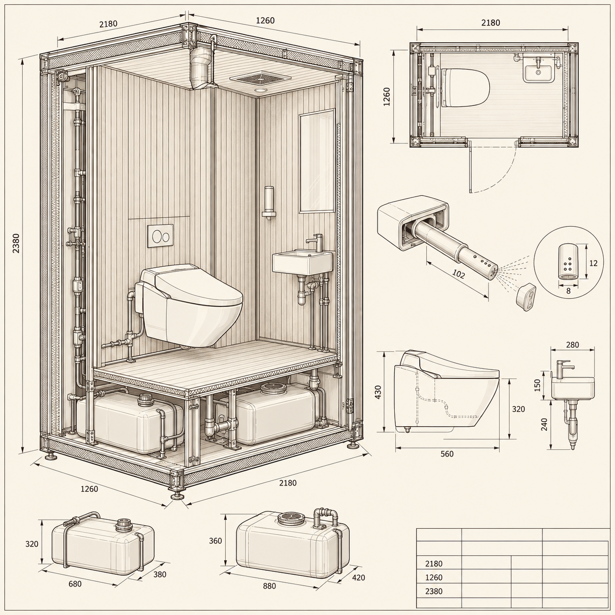 Coupe technique d'une cabine : WC, buse de lavage, lavabo, ventilation, réservoirs